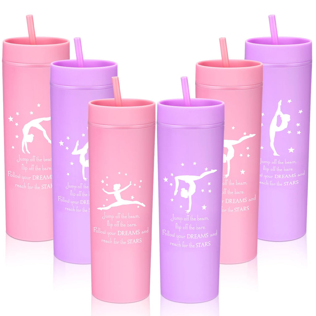 Gymnastics Tumblers 6-Pack 16oz | Skinny Plastic Cups with Lids & Straws | Gymnast Party Favors
