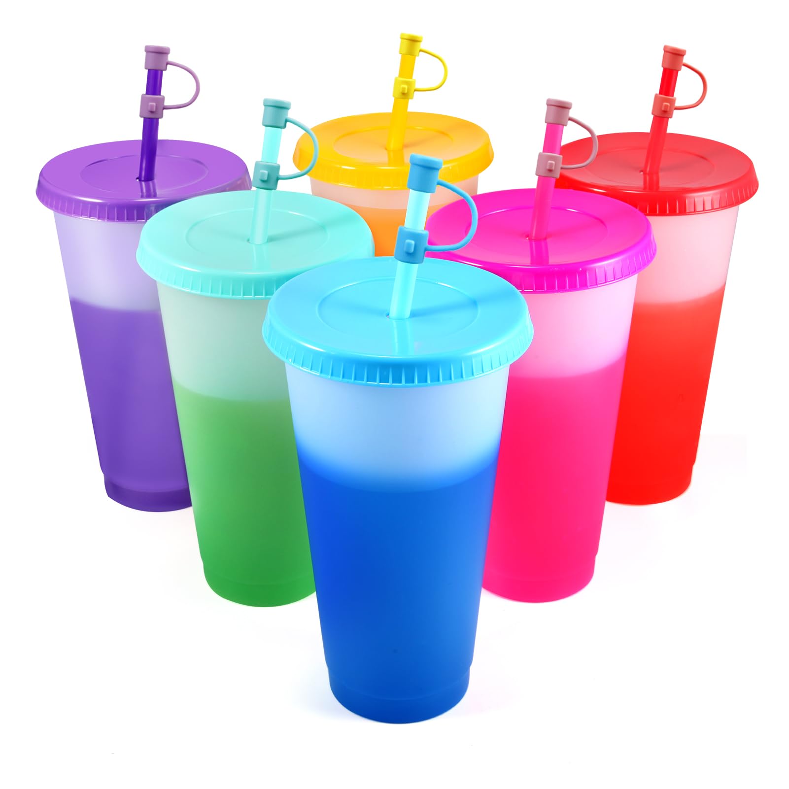 Color Changing Cups 6-Pack 24oz | Reusable Tumblers with Lids & Straws