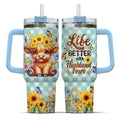 Highland Cow Sunflower Tumbler 40oz | Insulated Cup with Handle, Lid & Straw