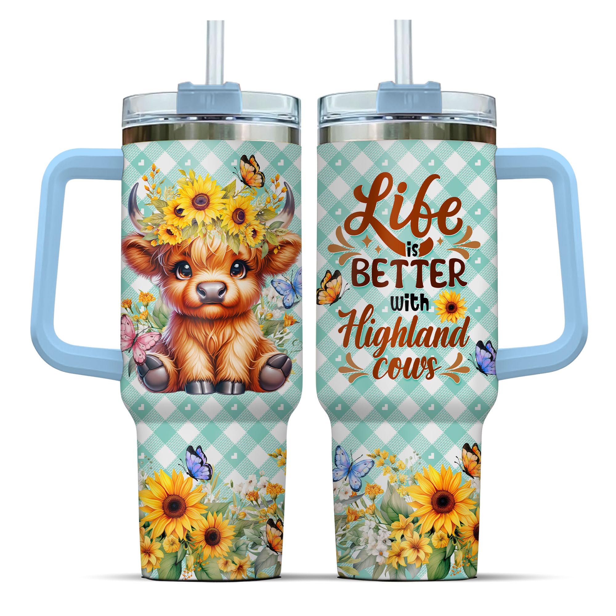 Highland Cow Sunflower Tumbler 40oz | Insulated Cup with Handle, Lid & Straw