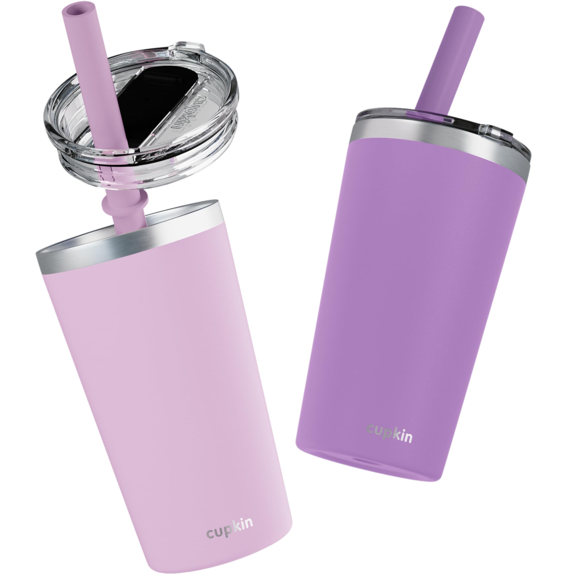CUPKIN Stackable Toddler Tumblers 12oz Set of 2 | Insulated Stainless Steel Kids Cups (Pink + Purple)