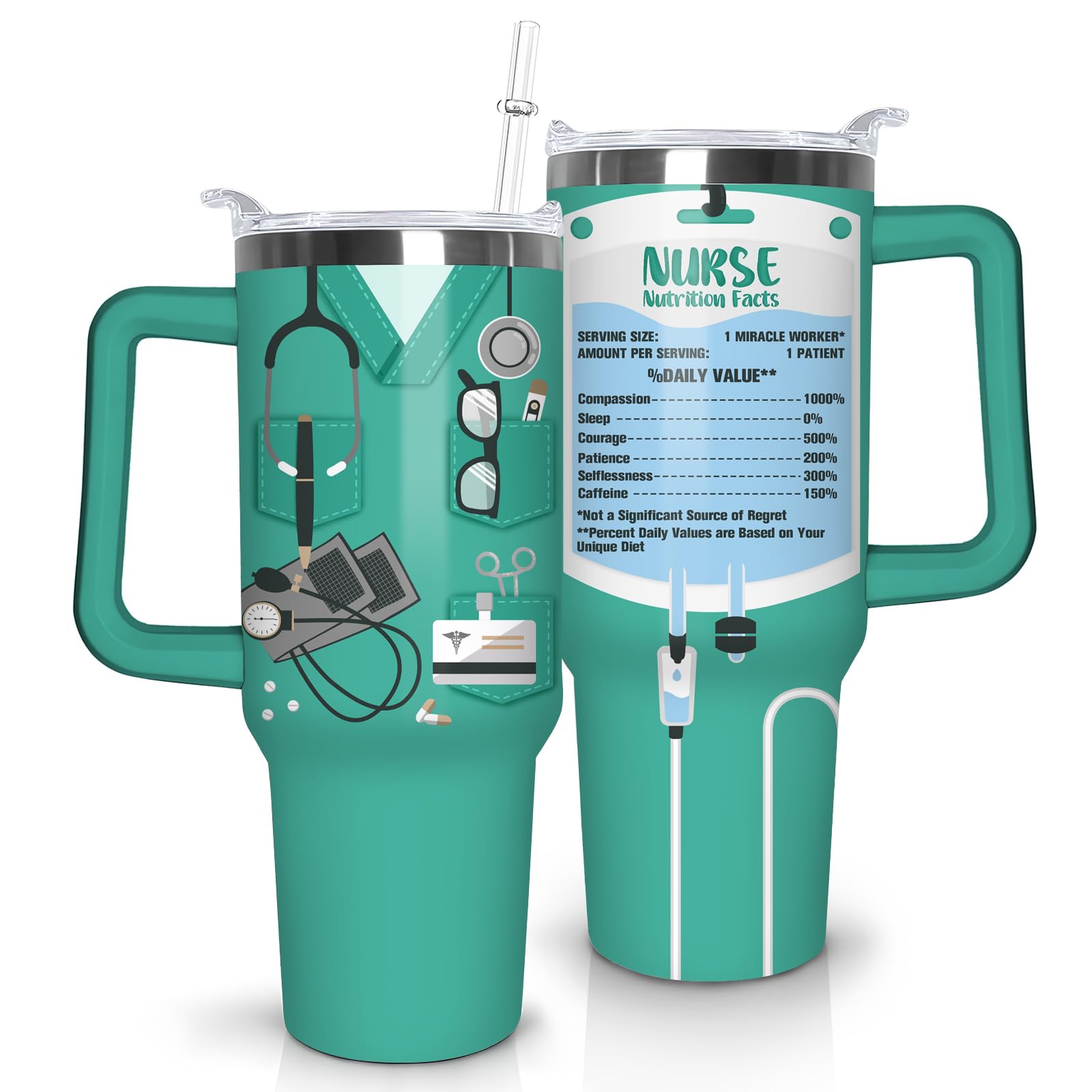 Nurse Tumbler 30oz with Handle | Insulated Green Stainless Steel Coffee Mug Gift