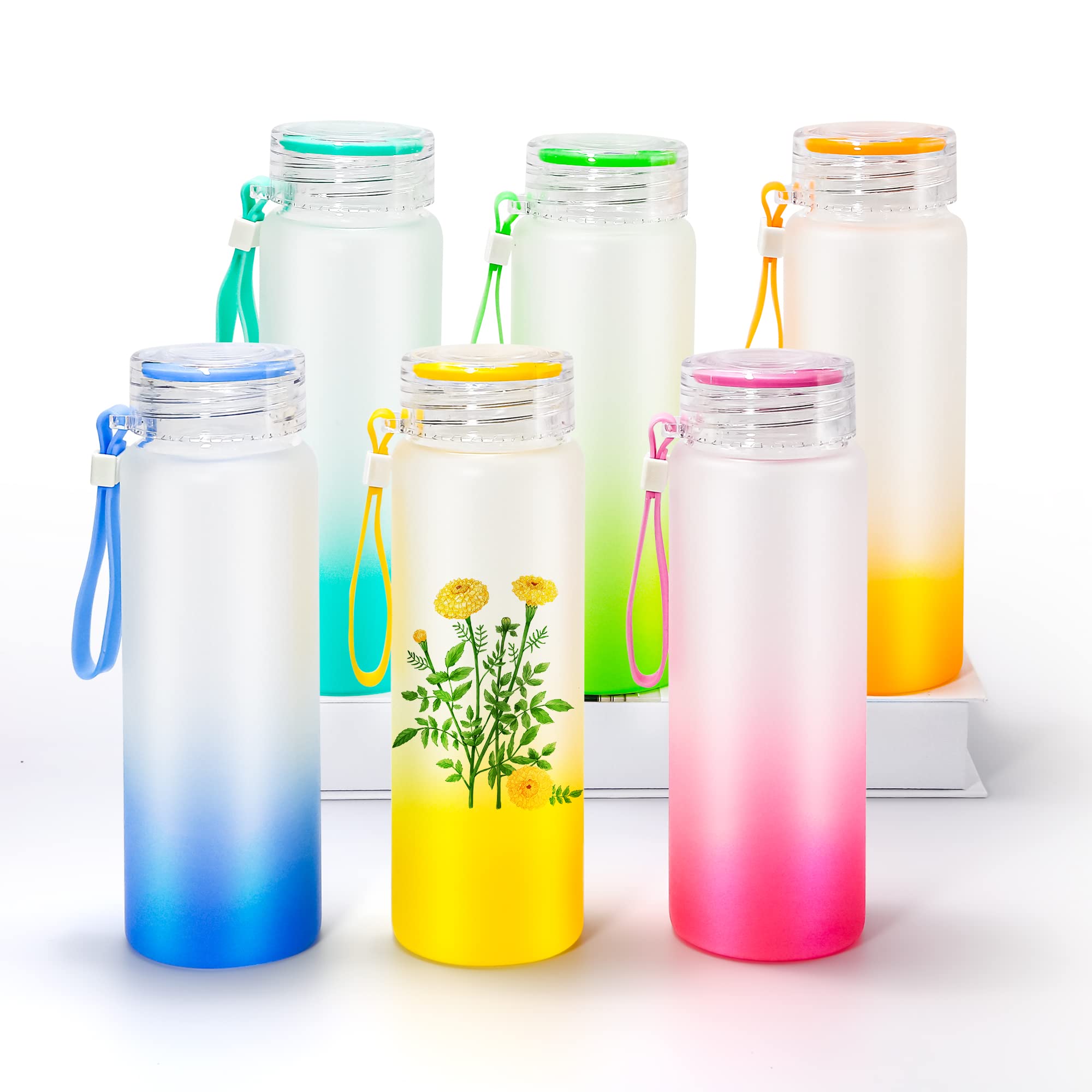 Frosted Sublimation Glass Cups 6-Pack 16oz | Color Gradient Glasses with Handles