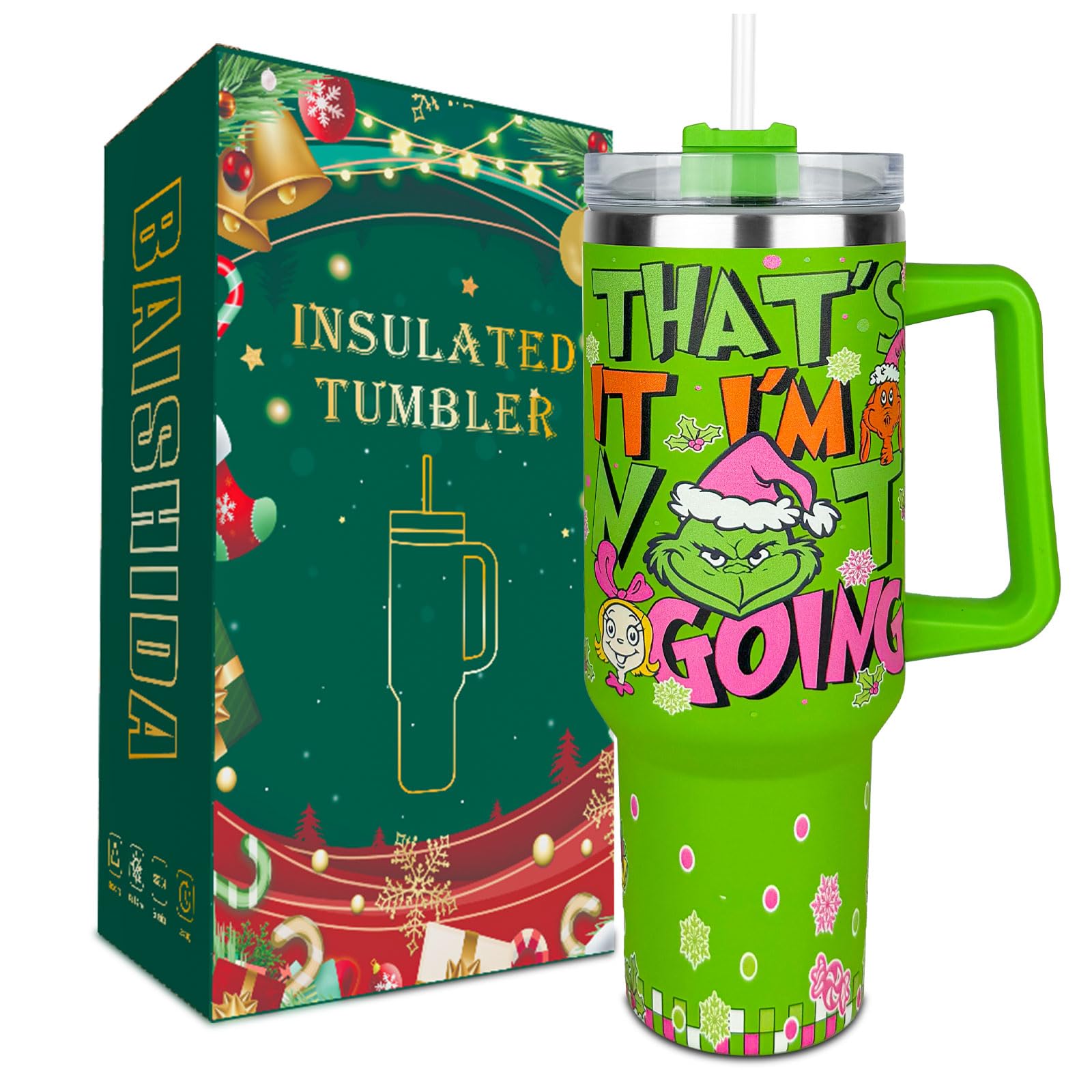 Christmas Tumbler 40oz with Handle & Straw | Insulated Holiday Travel Mug