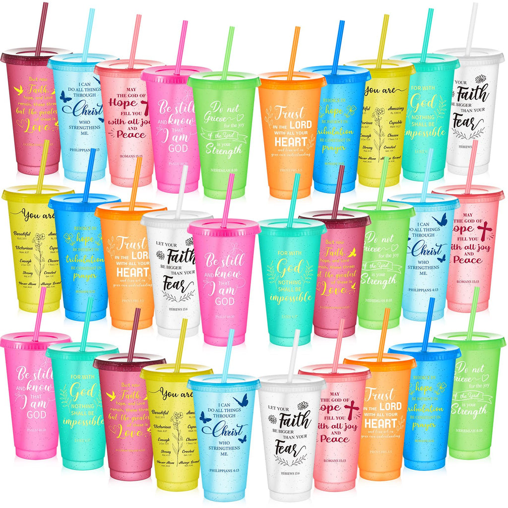Christian Bible Verse Tumblers 30-Pack | 24oz Inspirational Cups with Lids & Straws