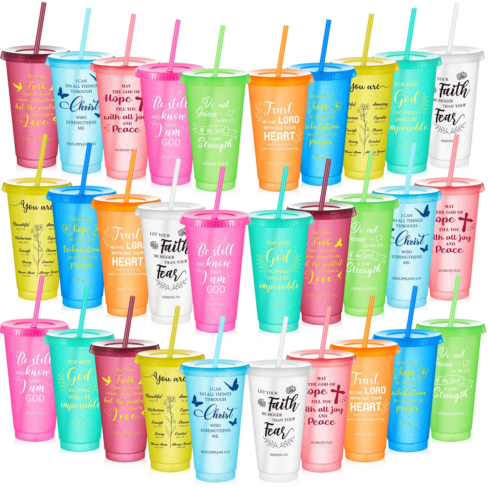 Christian Bible Verse Tumblers 30-Pack | 24oz Inspirational Cups with Lids & Straws