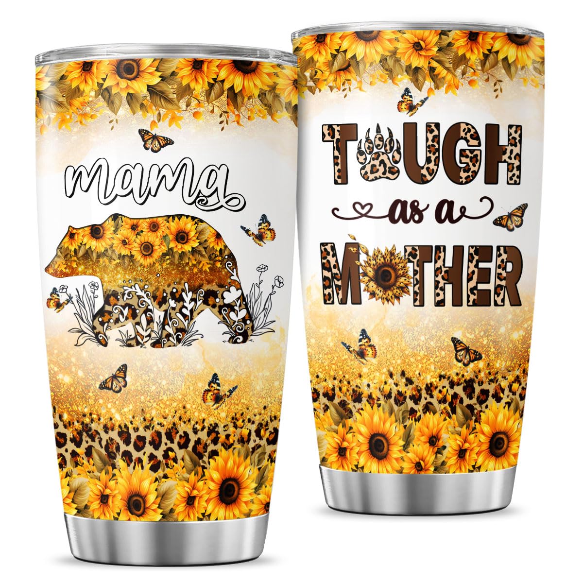 Mama Bear Leopard Print Tumbler 20oz | Insulated Mom Gift with Lid & Straw